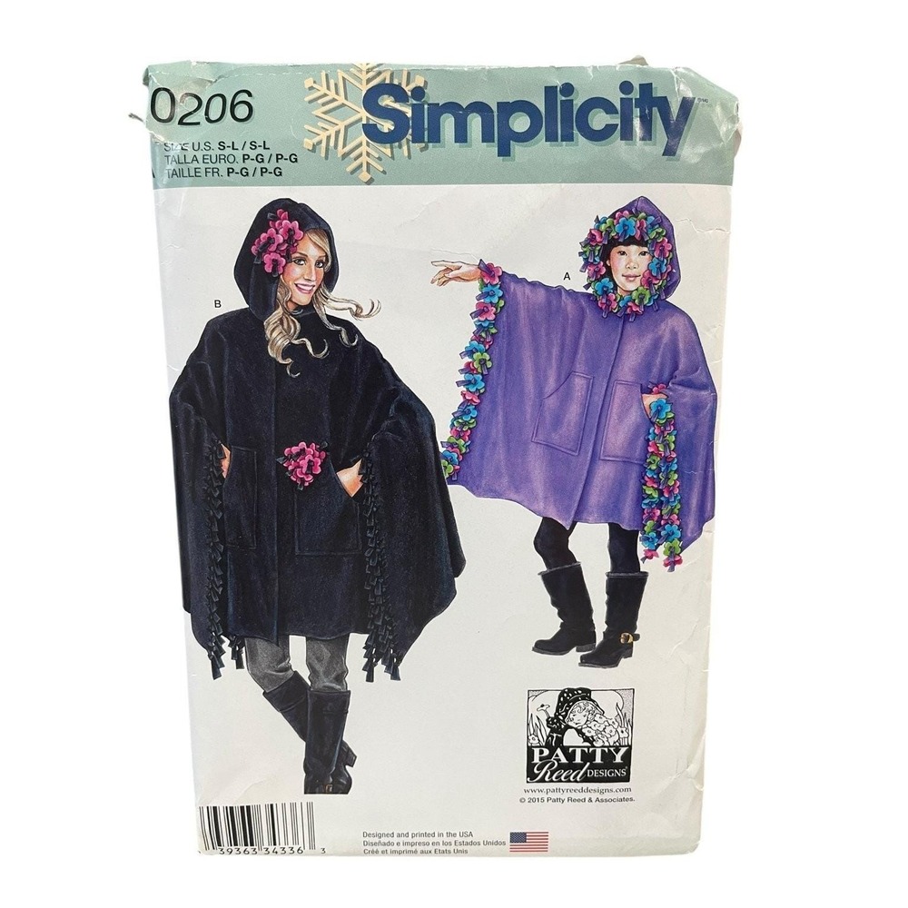 Simplicity Sewing Pattern 0206 Children Misses S-L Hooded Fleece Poncho
